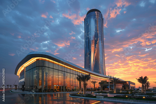 extreme long shot photo of saudi modern airport control tower, dramatic sky, showing airport buildings.generative ai