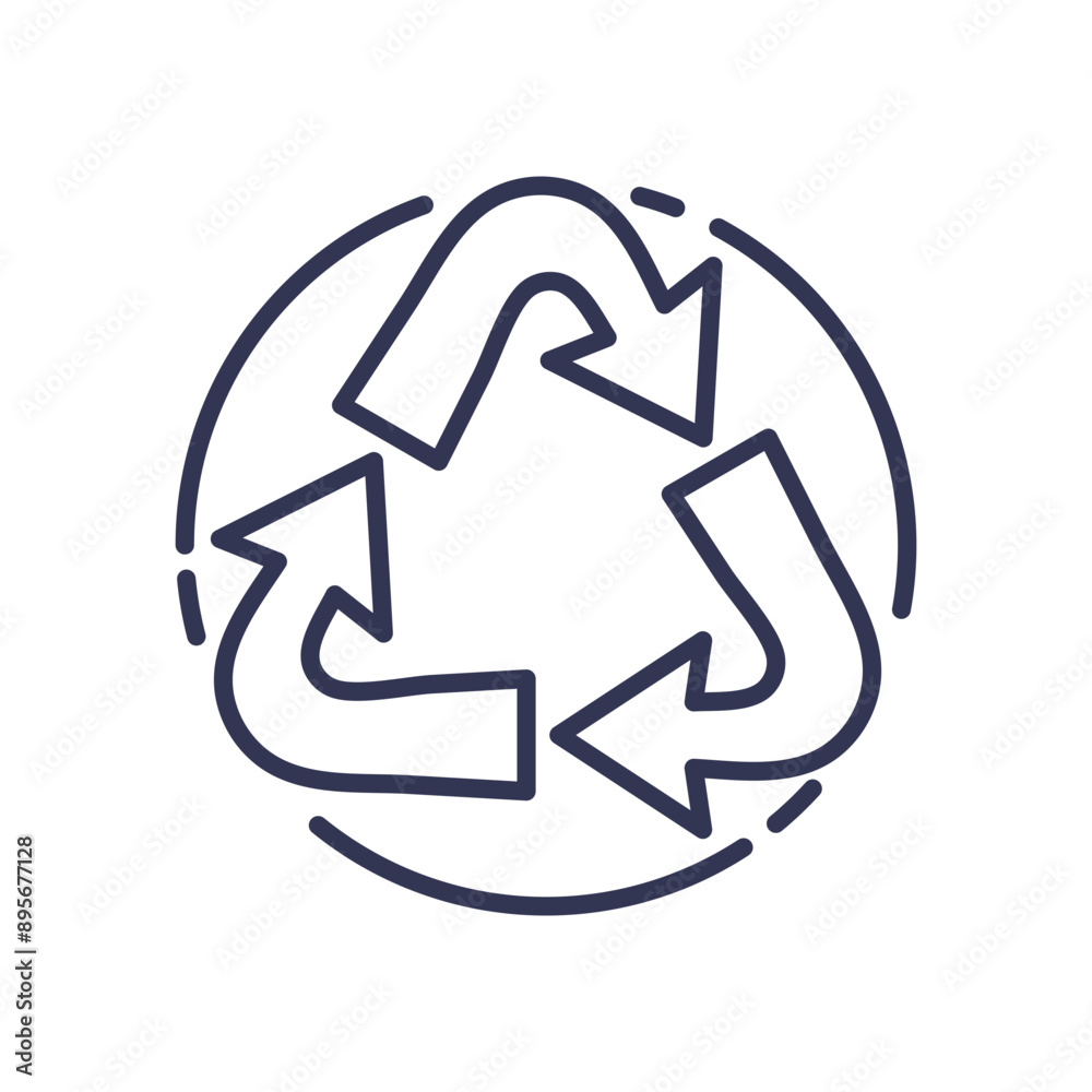 A simple recycle logo with three arrows forming a triangle in a circular outline. A simple recycle logo with three arrows forming a triangle in a circular outline.