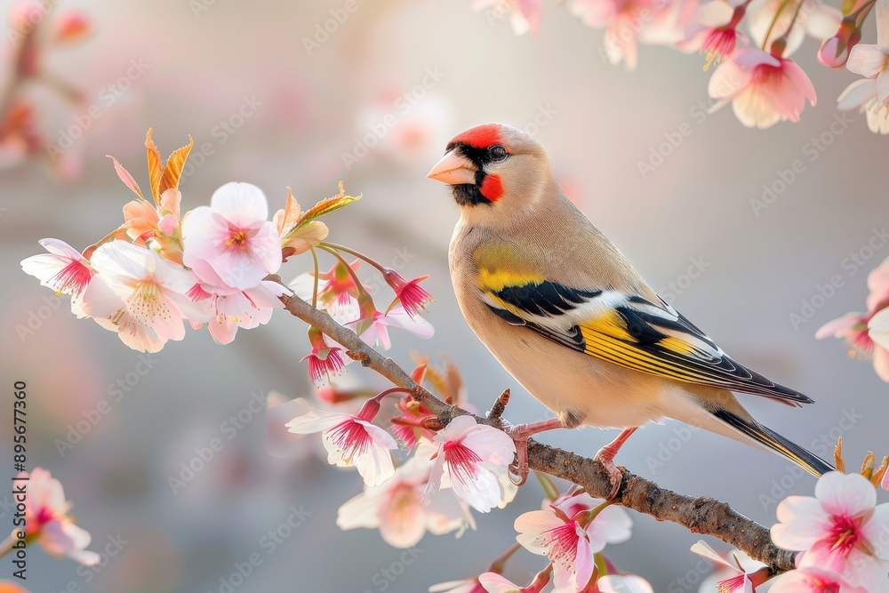 A charming image of a European goldfinch perched on a blooming cherry tree branch. A charming image of a European goldfinch perched on a blooming cherry tree branch.