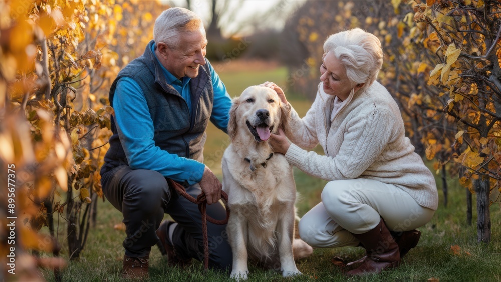 A man and woman kneeling down with a dog in the middle of an orchard, AI A man and woman kneeling down with a dog in the middle of an orchard, AI