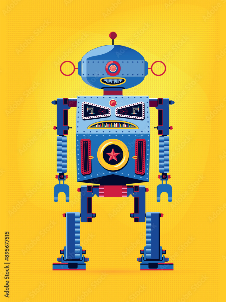 Naklejka premium Retro robot vintage toy. Robot vector illustration in flat style design. Vintage tin robot toy on a yellow background.