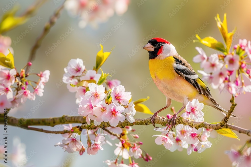 A charming image of a European goldfinch perched on a blooming cherry tree branch. A charming image of a European goldfinch perched on a blooming cherry tree branch.