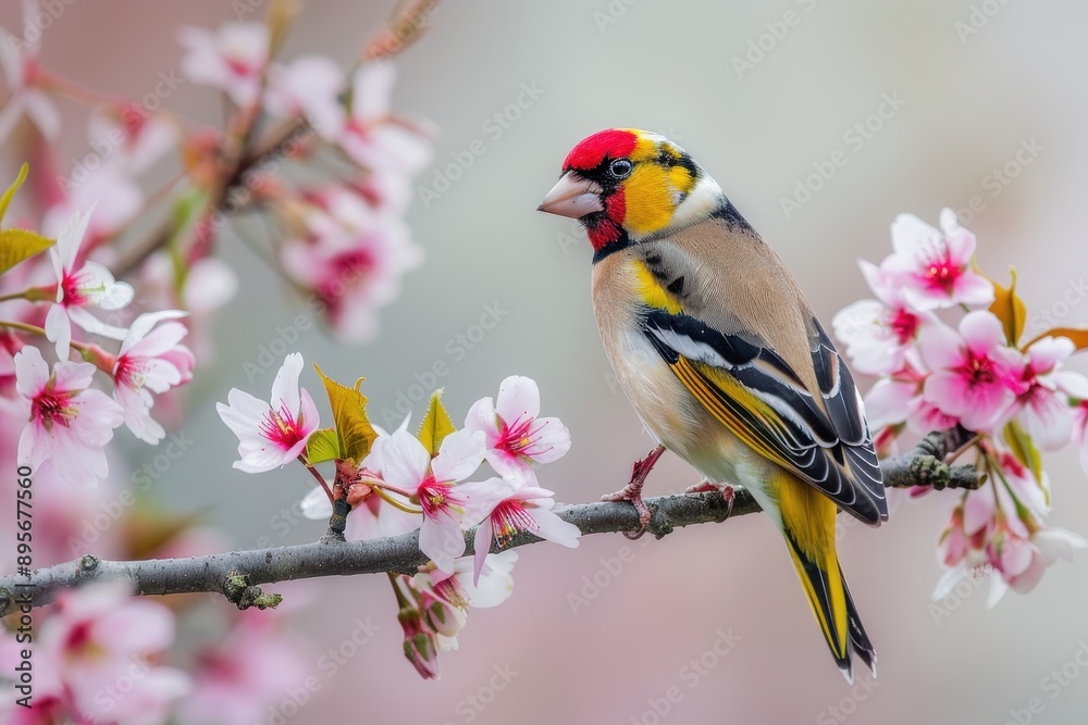 A charming image of a European goldfinch perched on a blooming cherry tree branch. A charming image of a European goldfinch perched on a blooming cherry tree branch.