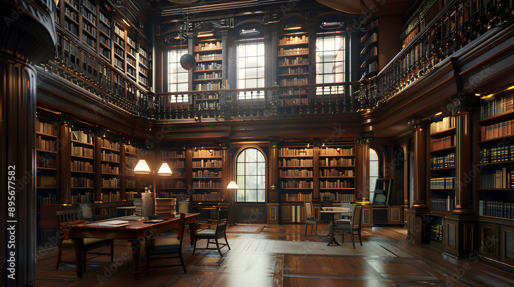 Historic Library Interior: A grand and historic library interior with tall bookshelves, wooden furniture, and soft lighting. The image should capture the timeless elegance of the setting.
Historic Library Interior: A grand and historic library interior with tall bookshelves, wooden furniture, and soft lighting. The image should capture the timeless elegance of the setting.