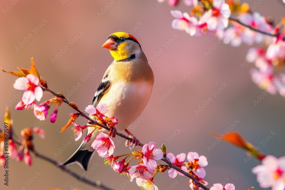 A charming image of a European goldfinch perched on a blooming cherry tree branch. A charming image of a European goldfinch perched on a blooming cherry tree branch.
