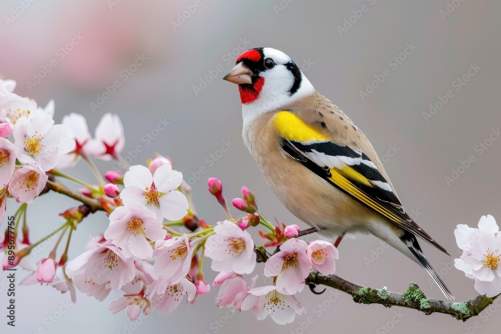 A charming image of a European goldfinch perched on a blooming cherry tree branch. A charming image of a European goldfinch perched on a blooming cherry tree branch.