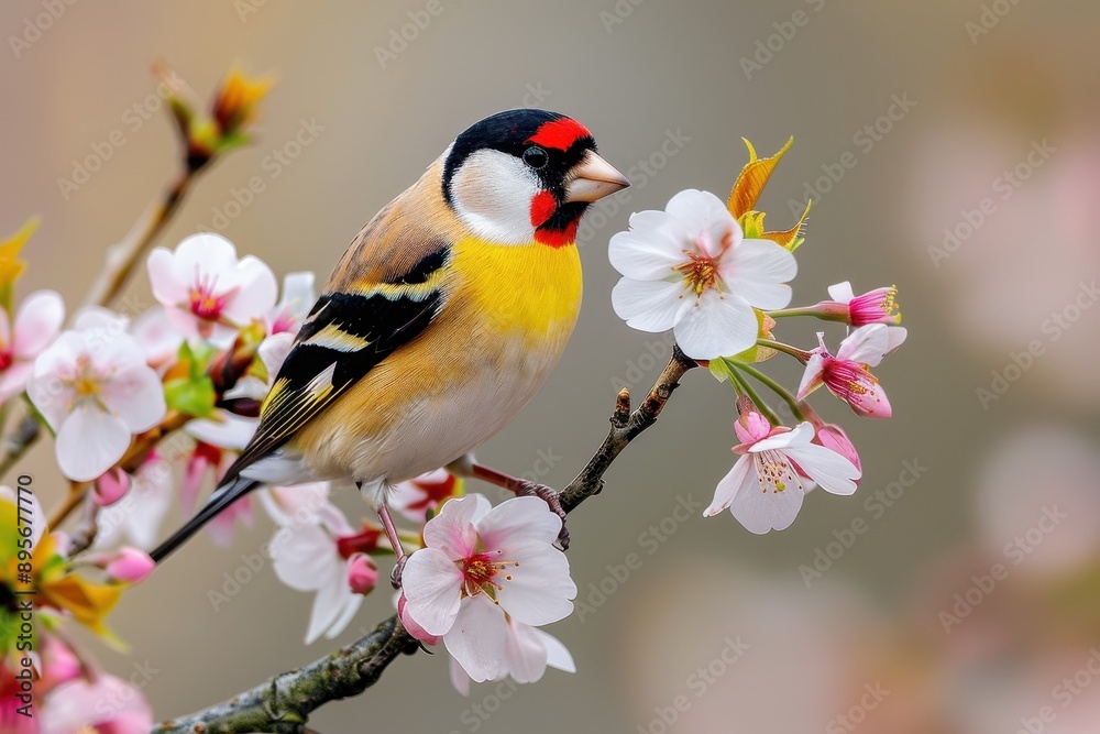 A charming image of a European goldfinch perched on a blooming cherry tree branch. A charming image of a European goldfinch perched on a blooming cherry tree branch.