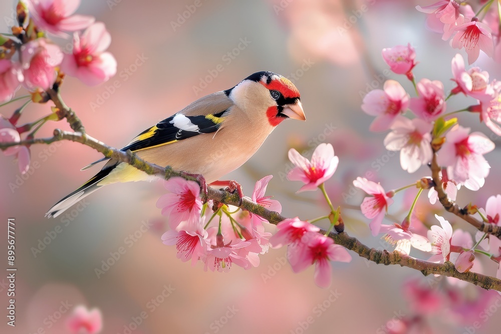 Obraz premium A charming image of a European goldfinch perched on a blooming cherry tree branch.