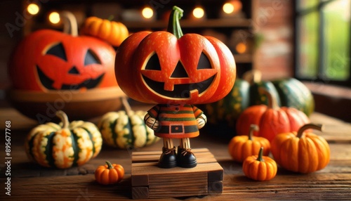 A wooden pumpkin figure with a jack-o'-lantern head stands on a platform amidst other carved and painted pumpkins..Concept: Happy Halloween Decoration