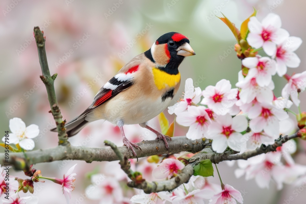A charming image of a European goldfinch perched on a blooming cherry tree branch. A charming image of a European goldfinch perched on a blooming cherry tree branch.