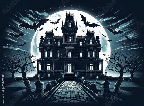 A spooky Victorian mansion silhouettes against a full moon, with bats flying overhead and a cobblestone path leading up to it...Concept: Eerie Haunted House Silhouette