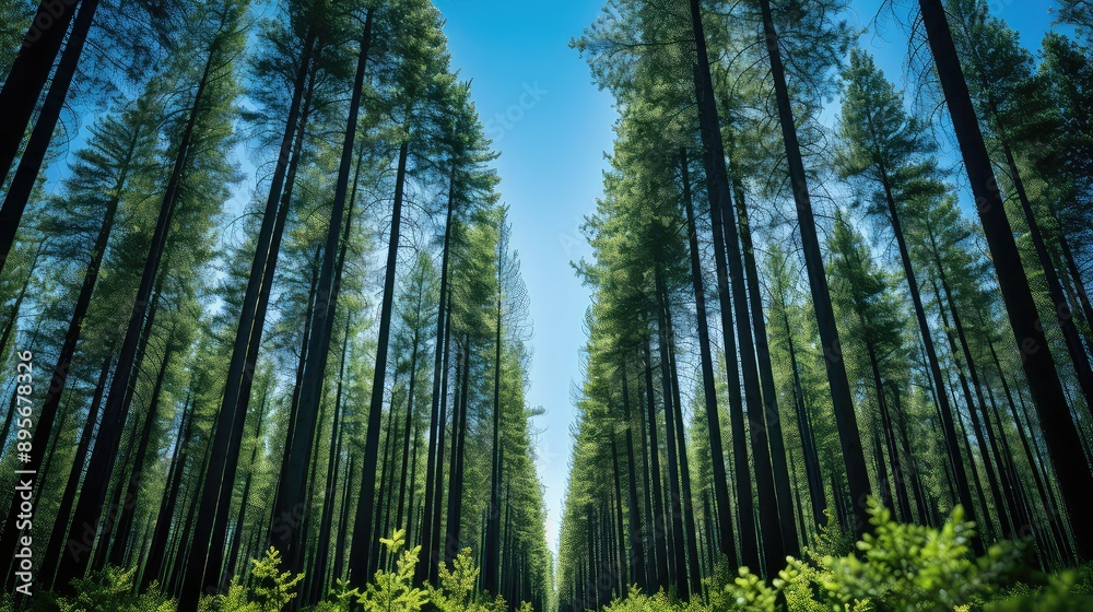 Trees in forest from below green tops of trees Trees in forest from below green tops of trees