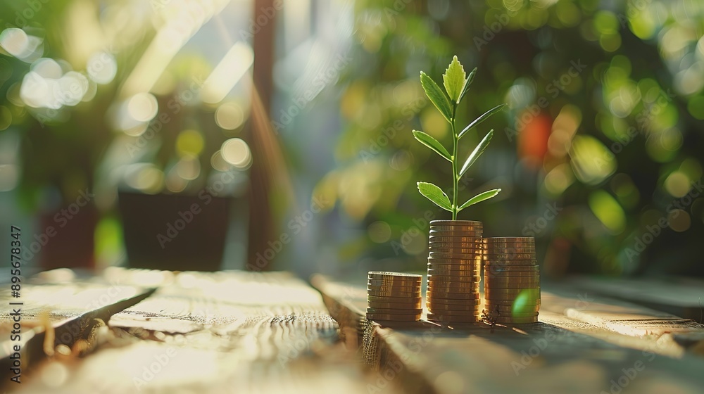 Growing Investment Concept with Coins, Plant, and Upward Arrow on Blurred Green Background. Business Financial Goals and Investment Growth Symbolism in Stock Market and Company Bank Vault Context. Growing Investment Concept with Coins, Plant, and Upward Arrow on Blurred Green Background. Business Financial Goals and Investment Growth Symbolism in Stock Market and Company Bank Vault Context.