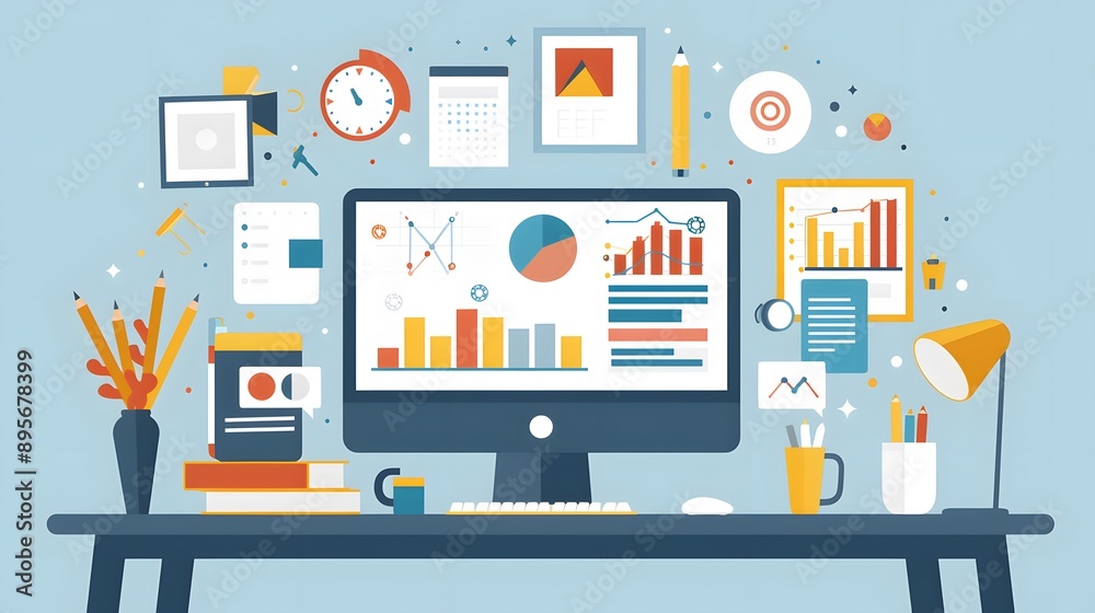Modern Workplace with Computer and Data Analysis Modern Workplace with Computer and Data Analysis
