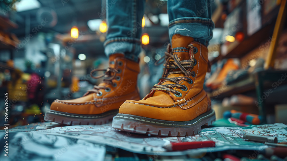 Korean shoe designer in studio, young woman sketching footwear designs by stylish prototypes.generative ai Korean shoe designer in studio, young woman sketching footwear designs by stylish prototypes.generative ai