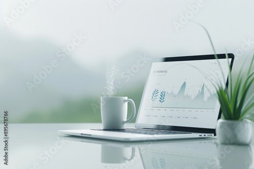Minimalist design with a laptop screen and online advertising visuals on a nature background