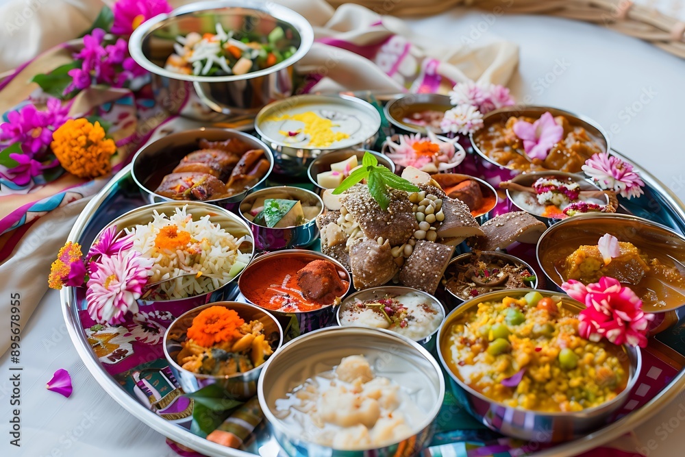 A festive Navaratri thali with a variety of traditional dishes, beautifully arranged and decorated with flowers and colorful fabrics. A festive Navaratri thali with a variety of traditional dishes, beautifully arranged and decorated with flowers and colorful fabrics.