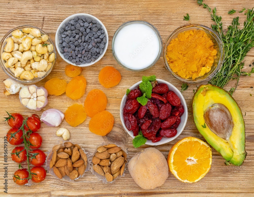 Foods Highest in Vitamin B12 on a wooden background. Healthy eating. View from above Foods Highest in Vitamin B12 on a wooden background. Healthy eating. View from above