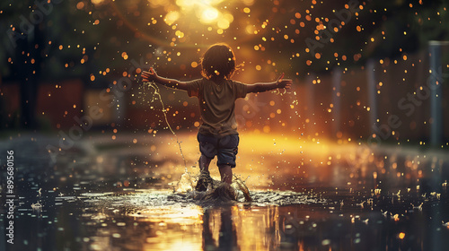 Joyful Child Playing in Rain Puddle at Sunset
