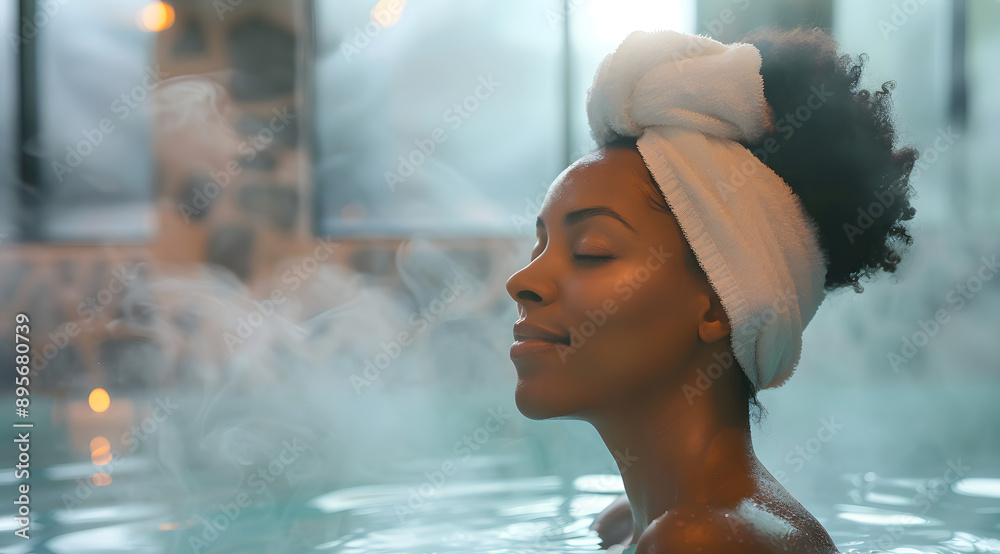 Lifestyle portrait of beautiful black woman wearing towel hair wrap in steam room hot tub at spa, side view Lifestyle portrait of beautiful black woman wearing towel hair wrap in steam room hot tub at spa, side view