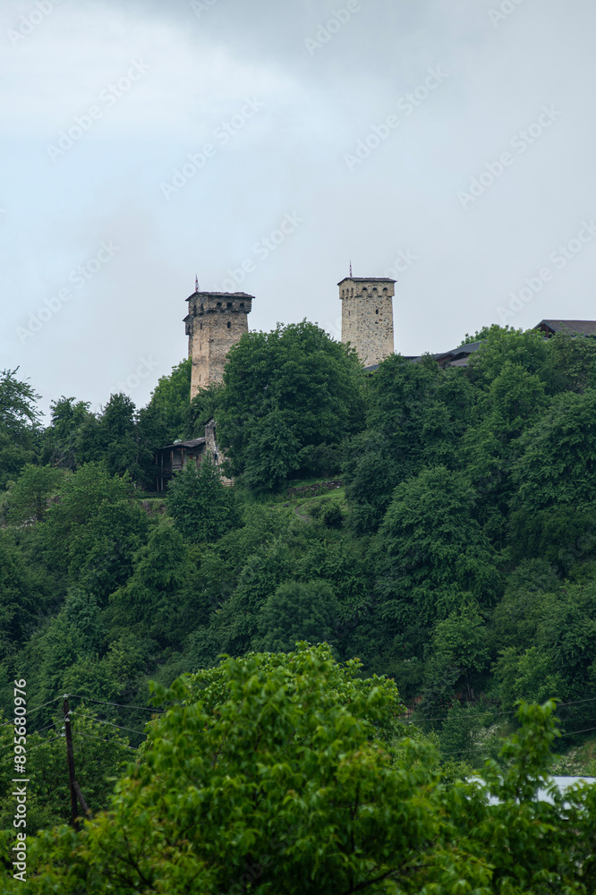 Mestia town in Georgia.
The medieval Svan Towers is a traditional fortified residence in Mestia, Georgia. Svan towers and structures surrounded by green colors. Mestia town in Georgia.
The medieval Svan Towers is a traditional fortified residence in Mestia, Georgia. Svan towers and structures surrounded by green colors.