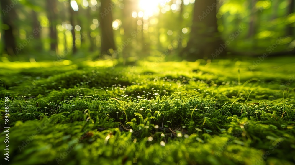Fototapeta premium Sunlit forest floor covered in lush green moss, creating a serene and peaceful natural scene perfect for concepts of tranquility, nature conservation, and outdoor relaxation. 