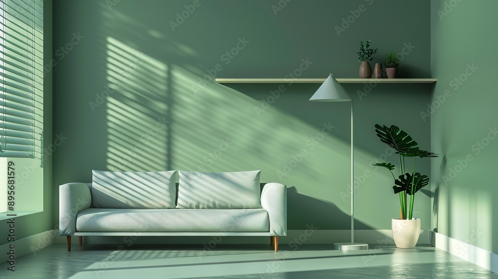 Fototapeta premium Minimal green living room interior with grey floor, including lamp, shelves, blinds, and space for your sofa. Real photo. 