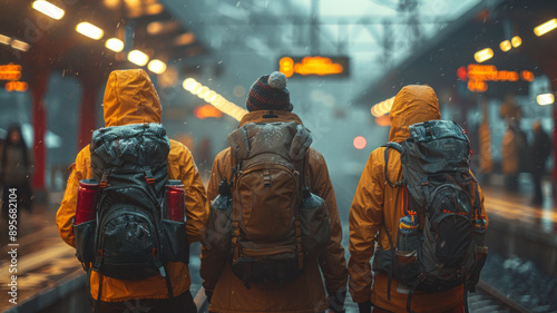 three friends at a train station looking at the departure screen, backpackers, sunny,generative ai © Pawina