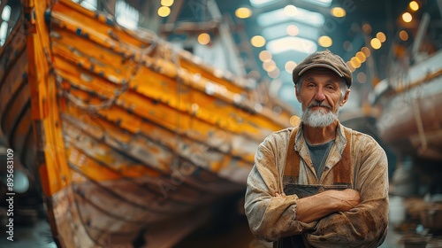 Specialist rebuilding a handcrafted wooden boat, ensuring seaworthiness and aesthetic appeal, refurbishment rebuild homemade, maritime restoration. photo