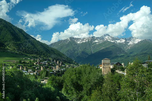 Mestia town in Georgia.
The medieval Svan Towers is a traditional fortified residence in Mestia, Georgia. Svan towers and structures surrounded by green colors. photo