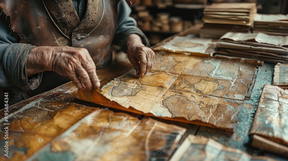 Conservator mending a torn historical map with archival paper, blending old and new, restoration mend projects, cartography preservation.