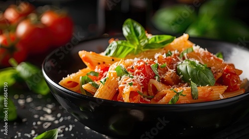 Delicious penne pasta served with fresh basil and tomatoes in a black bowl, topped with grated cheese for a perfect Italian meal. © Tin