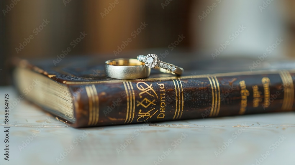 Rings on a Bible A pair of wedding rings placed on a vintage Bible, symbolizing faith and commitment Rings on a Bible A pair of wedding rings placed on a vintage Bible, symbolizing faith and commitment