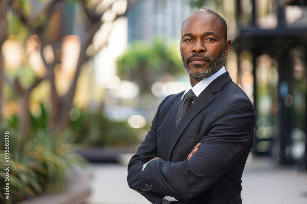 horizontal portrait of a black businessman posing in the street with crossed arms horizontal portrait of a black businessman posing in the street with crossed arms