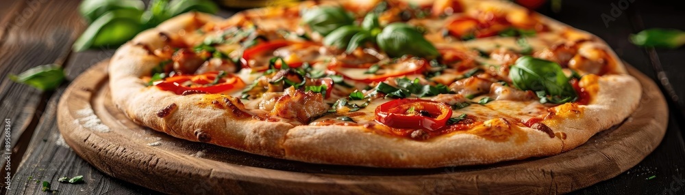 Delicious freshly baked pizza with vibrant toppings on a wooden board, perfect for food-related content, menus, or recipe blogs.