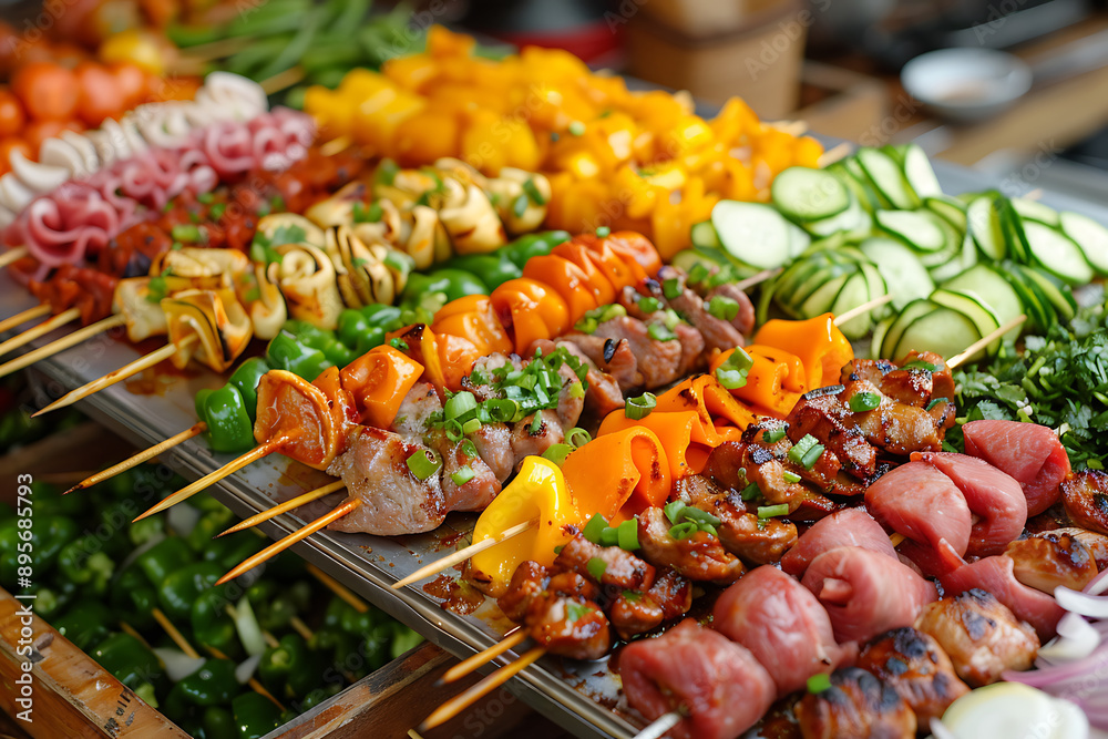 A variety of street food skewers with different meats and vegetables A variety of street food skewers with different meats and vegetables