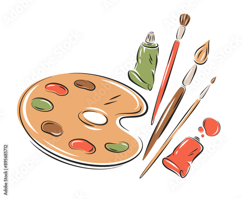 Paint brushes, art palette and oil paint in tubes. Artist painting materials. Art supplies. Creative hobby and education tools. Vector illustration