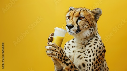Cheetah holding a cup with a straw, with a yellow background. The cheetah is anthropomorphized, standing on its hind legs, and the cup appears to contain a yellow liquid, possibly juice
