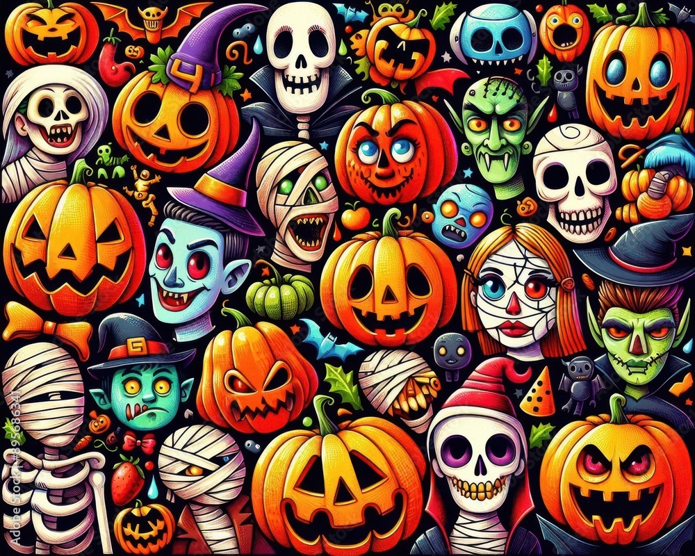 A colorful, busy collage of classic Halloween characters, monsters, and pumpkins with varying expressions..Concept: Halloween Character Party A colorful, busy collage of classic Halloween characters, monsters, and pumpkins with varying expressions..Concept: Halloween Character Party