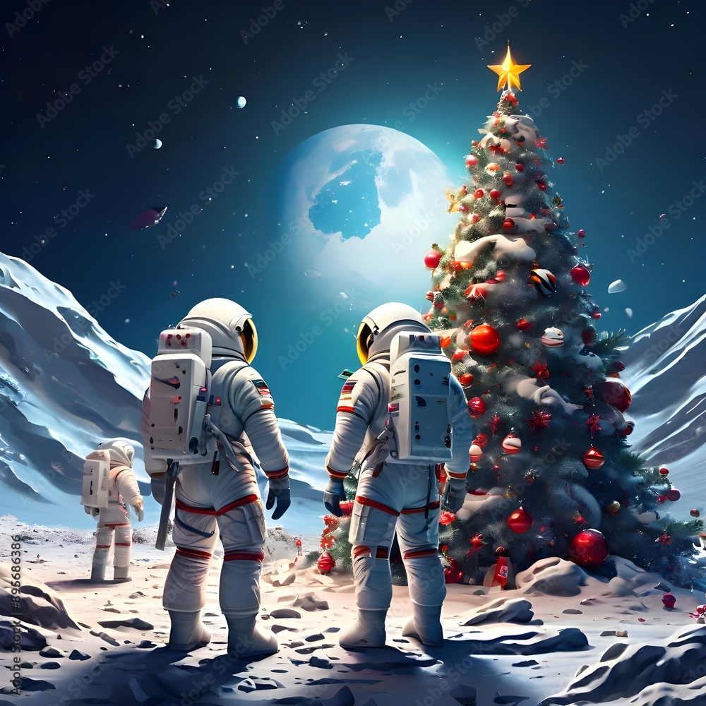 Obraz premium group of astronauts in white space suits gathered around a decorated Christmas tree on the surface of the moon, adding a festive touch to the lunar landscape in a digital illustrative style.