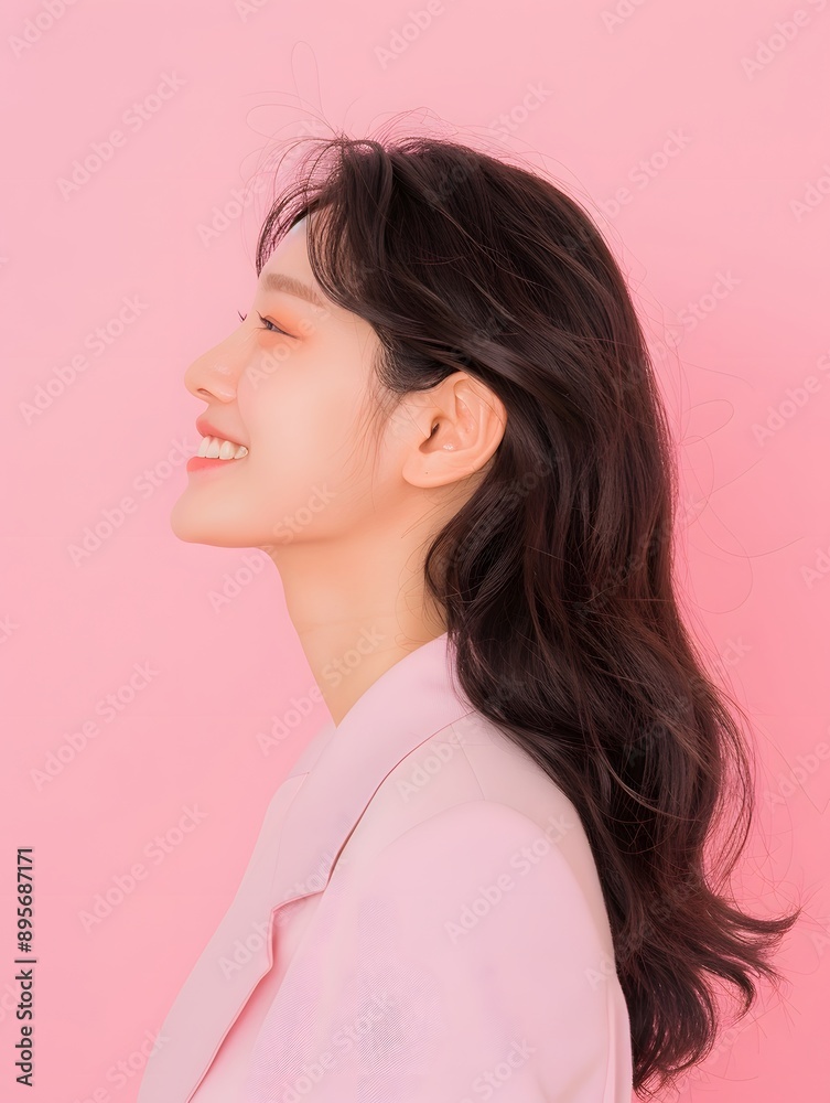 Beautiful Korean woman smiling with pink suit, Generative AI Beautiful Korean woman smiling with pink suit, Generative AI