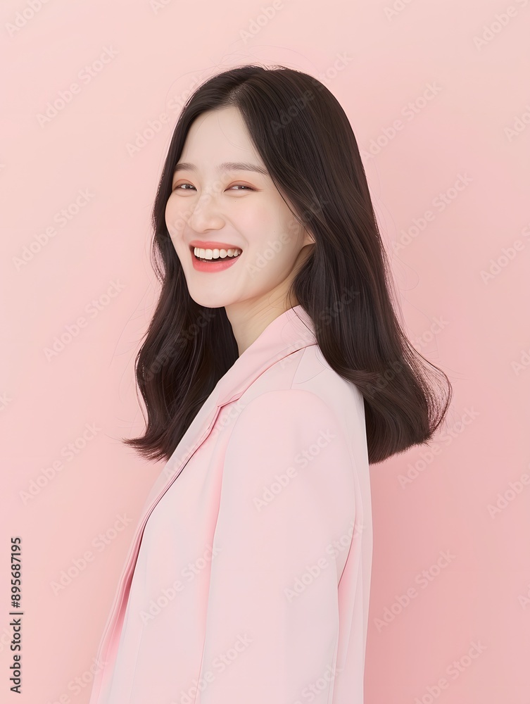 Beautiful Korean woman smiling with pink suit, Generative AI Beautiful Korean woman smiling with pink suit, Generative AI