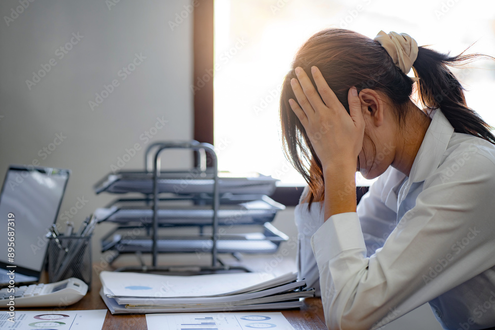 Stressed business woman suffering shouting from problem project mistake, emotional at work Stressed business woman suffering shouting from problem project mistake, emotional at work