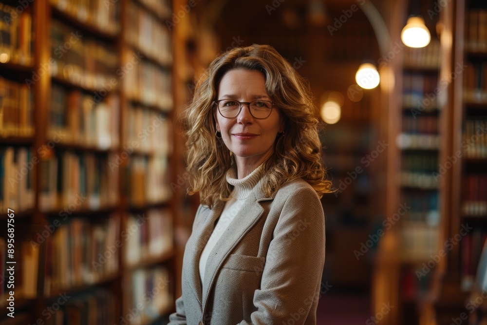 Portrait of a Serene Librarian Surrounded by Books in a Cozy Library Setting with Soft Lighting, Waist-Up Shot Portrait of a Serene Librarian Surrounded by Books in a Cozy Library Setting with Soft Lighting, Waist-Up Shot