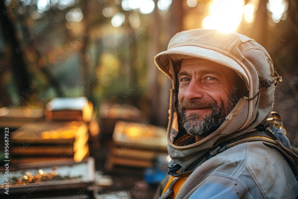 Morning Portrait of Beekeeper in Protective Gear by Beehives | Close-up Shot with Soft Light Filtering Through | Beekeeping Hobby Concept Morning Portrait of Beekeeper in Protective Gear by Beehives | Close-up Shot with Soft Light Filtering Through | Beekeeping Hobby Concept