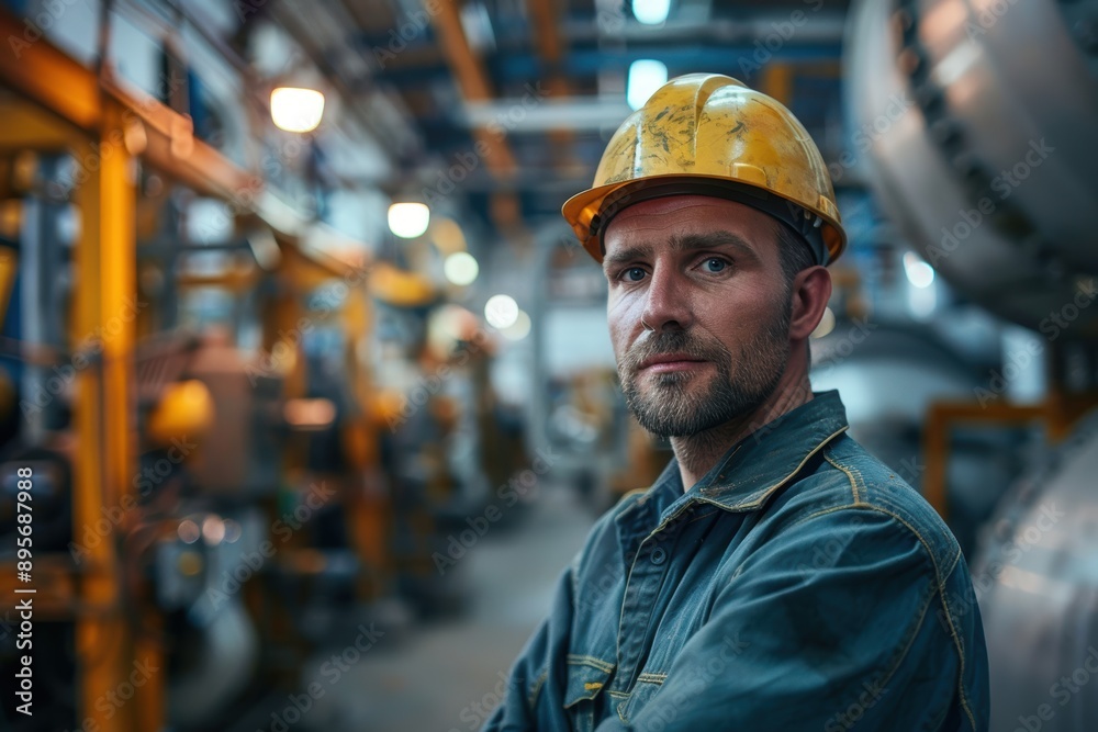 Confident Engineer in Factory Setting with Machinery and Industrial Lighting, Medium Shot Confident Engineer in Factory Setting with Machinery and Industrial Lighting, Medium Shot