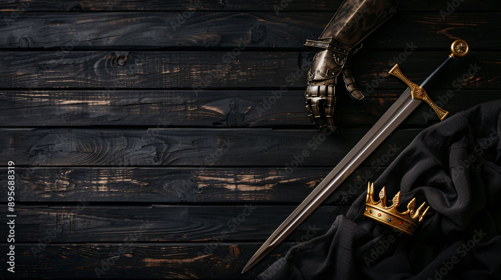 Medieval Sword, Armor Glove, and Crown on Dark Wooden Background Medieval Sword, Armor Glove, and Crown on Dark Wooden Background