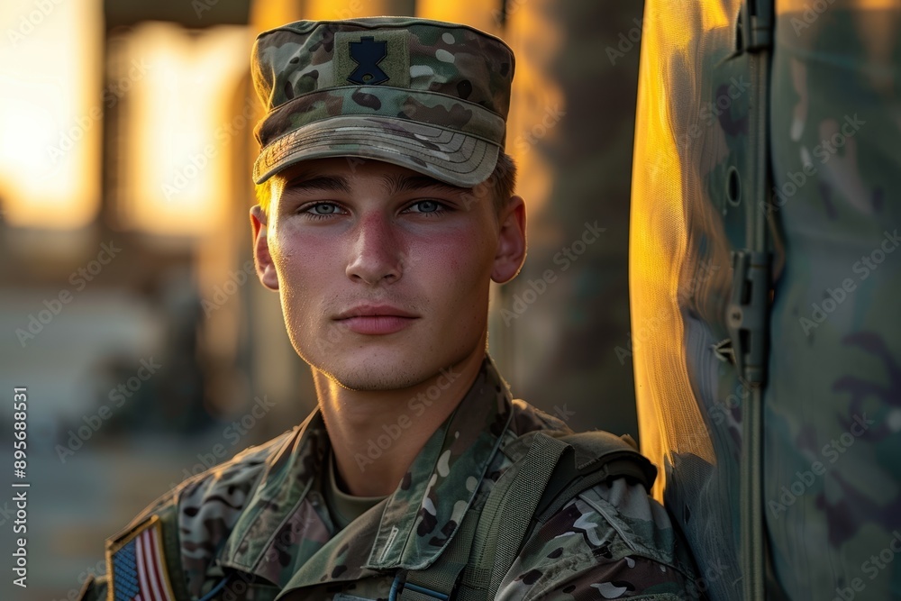 Proud Soldier in Uniform at Army Base During Evening Light - Medium Shot Portrait Proud Soldier in Uniform at Army Base During Evening Light - Medium Shot Portrait