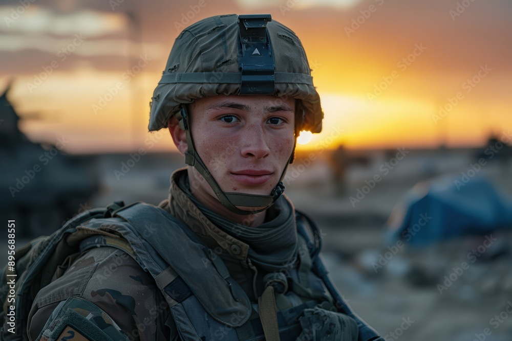 Brave Soldier in Uniform at Army Base Under Gentle Evening Light - Medium Shot Brave Soldier in Uniform at Army Base Under Gentle Evening Light - Medium Shot