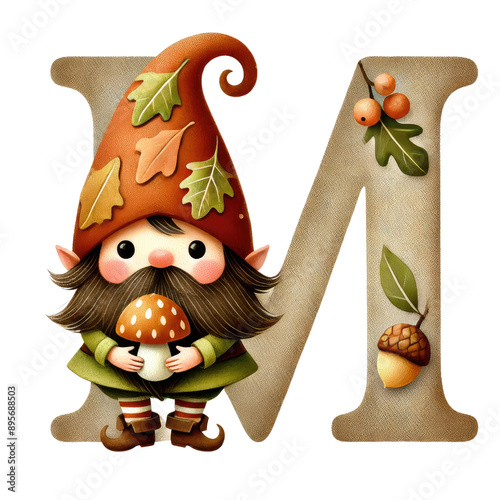 Wallpaper Mural autumn alphabet with gnome, A charming and whimsical watercolor illustration of the letter A-Z designed for nursery art. The letter is adorned with an autumn gnome. Torontodigital.ca